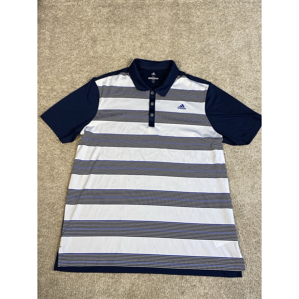 Adidas Men's XL White with Navy Stripe Pattern Golf Shirt Lightweight Polyester